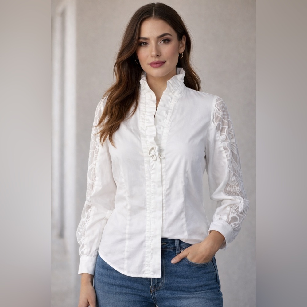 Soft Surroundings White Lace Ruffle Blouse Boho Victorian Button Front Top